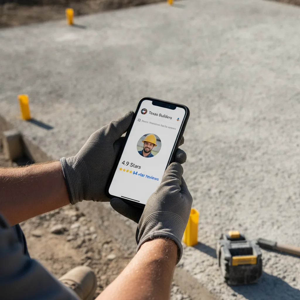 Contractor's hands hold a smartphone displaying a 4.9-star Google Business Profile with 94 reviews on a Texas jobsite.