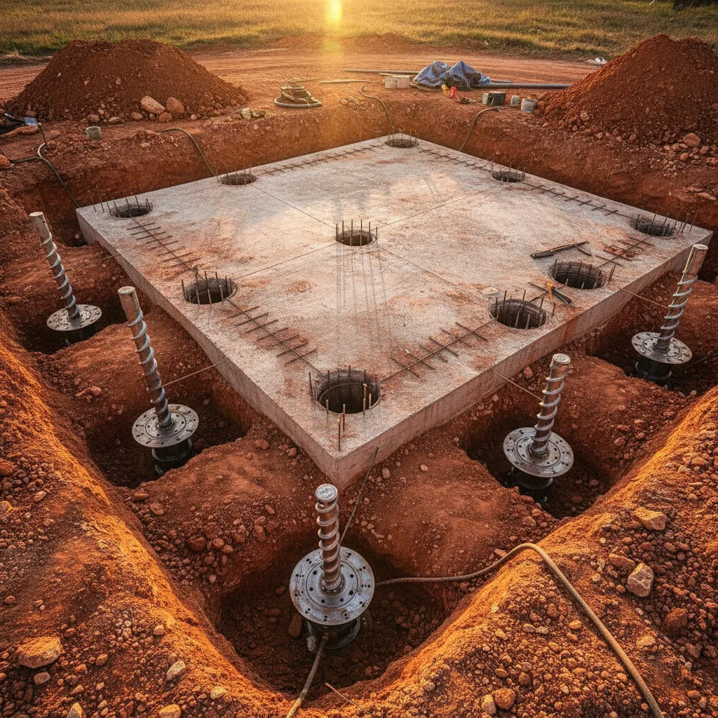 Wide-angle photo of a residential foundation with exposed helical piers, red clay soil, and late afternoon sunlight