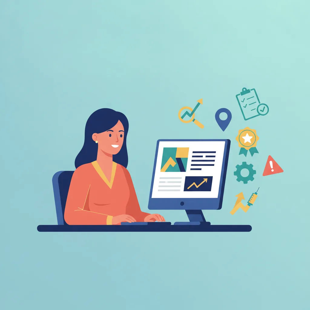 Flat vector illustration of a confident clinic owner reviewing data on a monitor, with various business and medical icons.