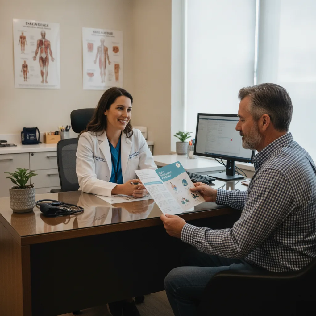 A nurse practitioner consults with a male patient holding a GLP-1 medication brochure in a brightly lit clinic room.