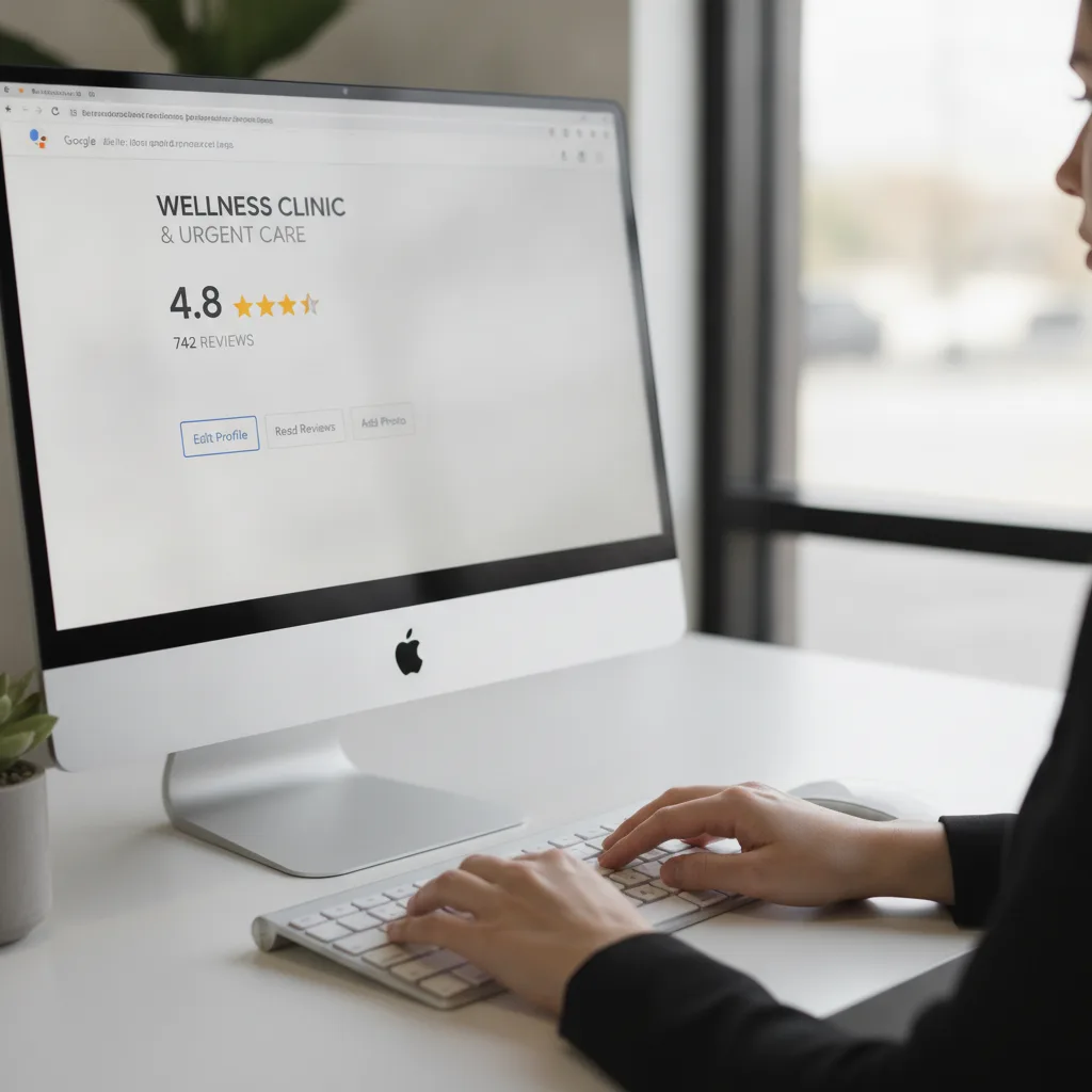 Hands typing on a keyboard, with a Google Business Profile dashboard on the screen showing clinic reviews and star rating.