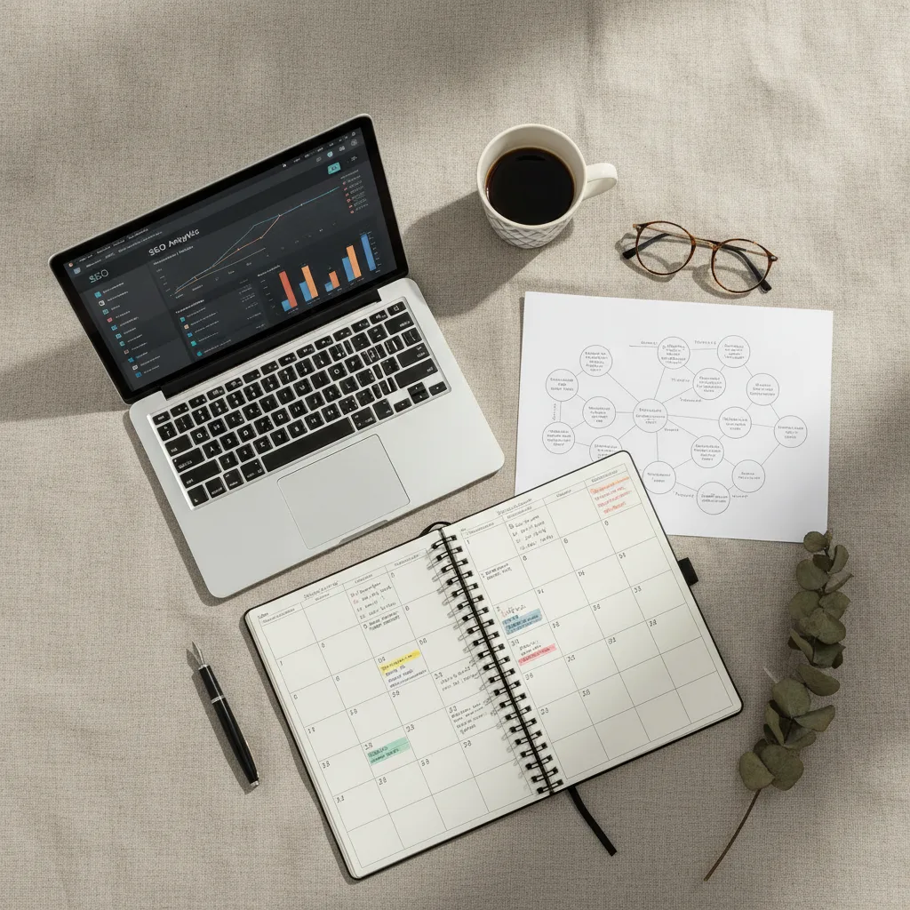 Overhead flat-lay of a content calendar, laptop with SEO dashboard, keyword map, and coffee on linen, morning light.