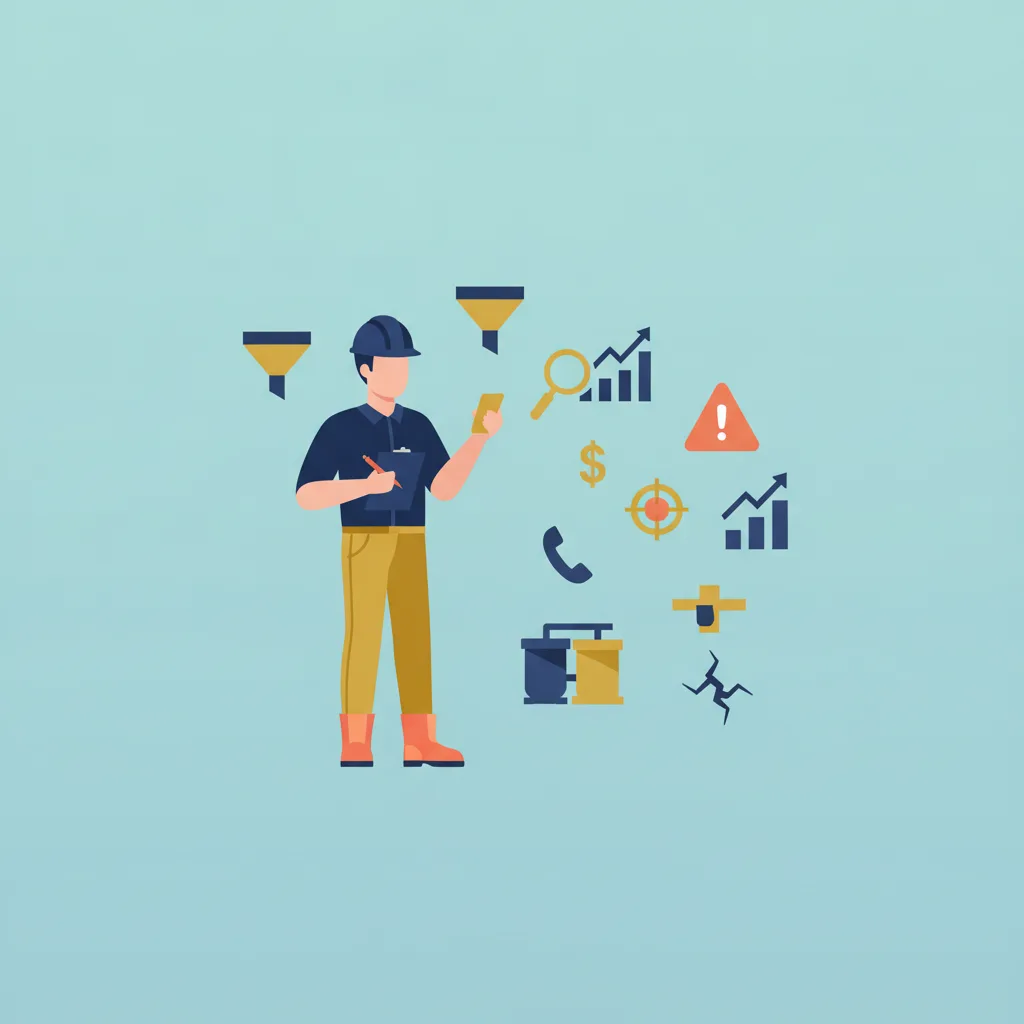 Flat vector illustration of a contractor with a phone and clipboard, surrounded by construction and marketing icons.