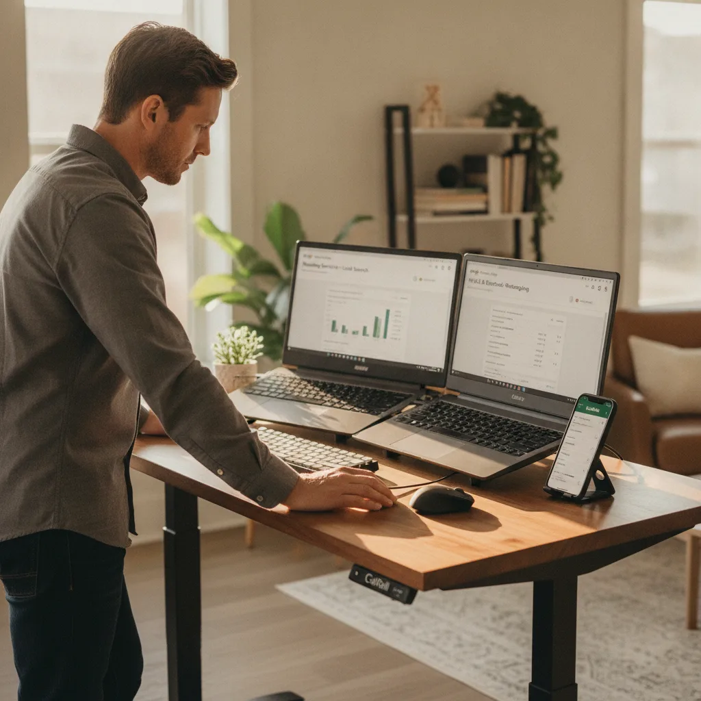A contractor at a standing desk reviews Google Ads on two laptops, with a CallRail app open on his phone.
