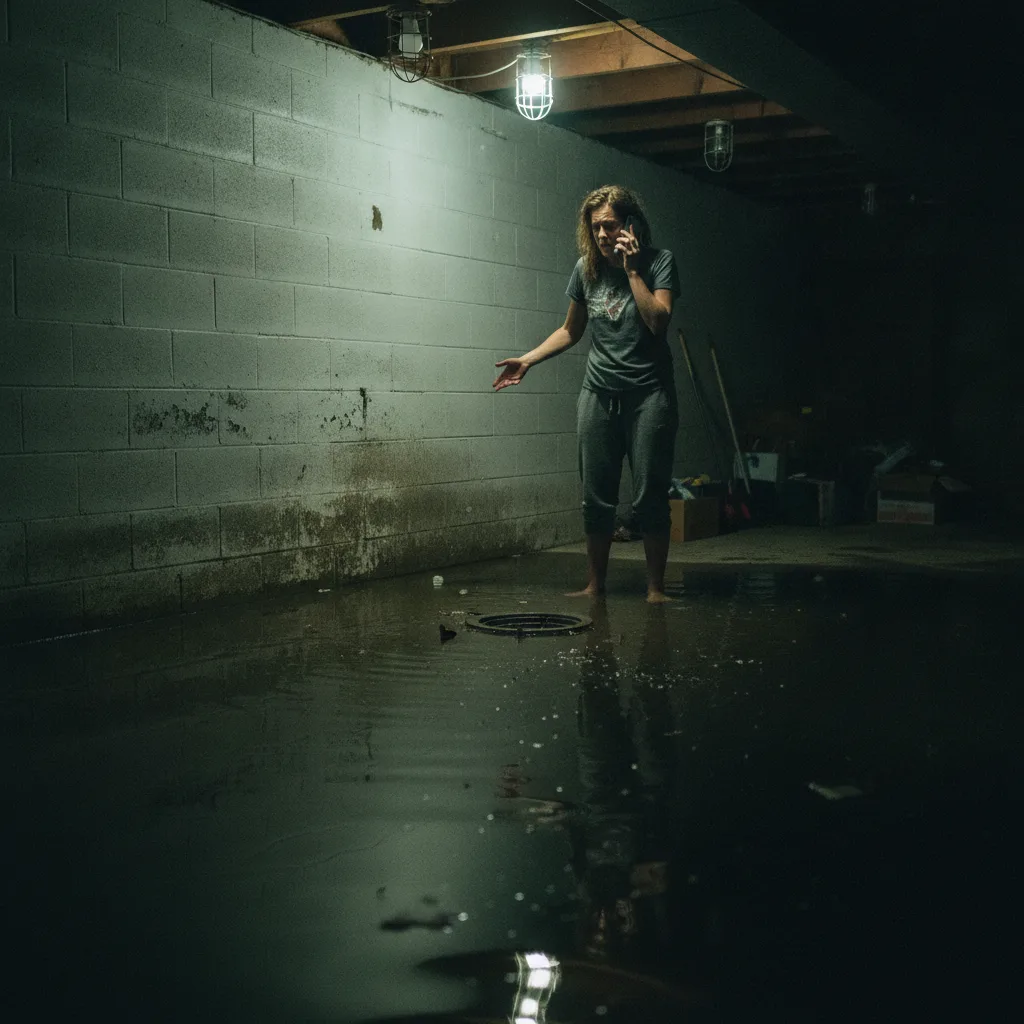 A homeowner stands in a flooded basement at night, talking on the phone with a tense expression.