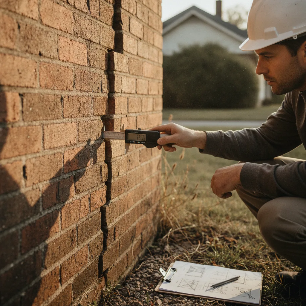 A foundation repair inspector measuring a diagonal crack on a brick wall with a digital caliper, bathed in afternoon light.