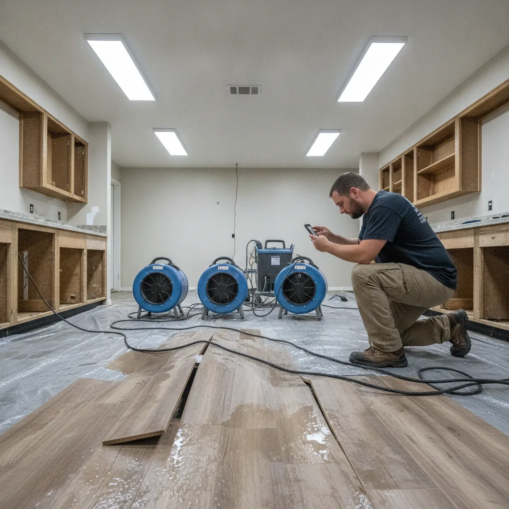A restoration technician photographs a water-damaged kitchen floor with a smartphone, showing buckled LVP and drying equipment.
