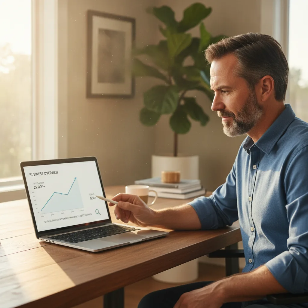 A focused restoration business owner reviews a simple analytics dashboard on his laptop in a sunlit home office.