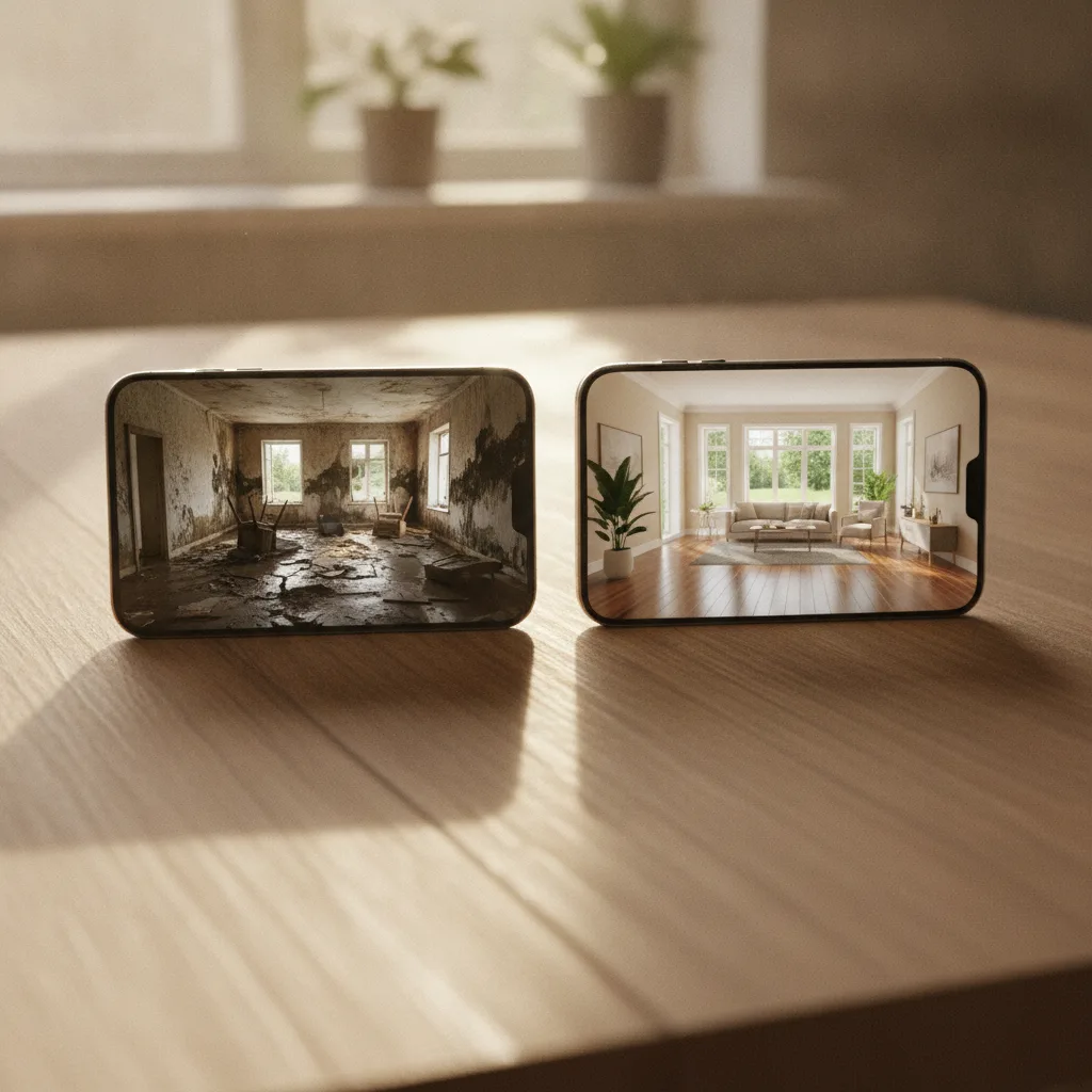 Two smartphone screens side by side on a wooden desk; one shows a flood-damaged room, the other the same room restored.