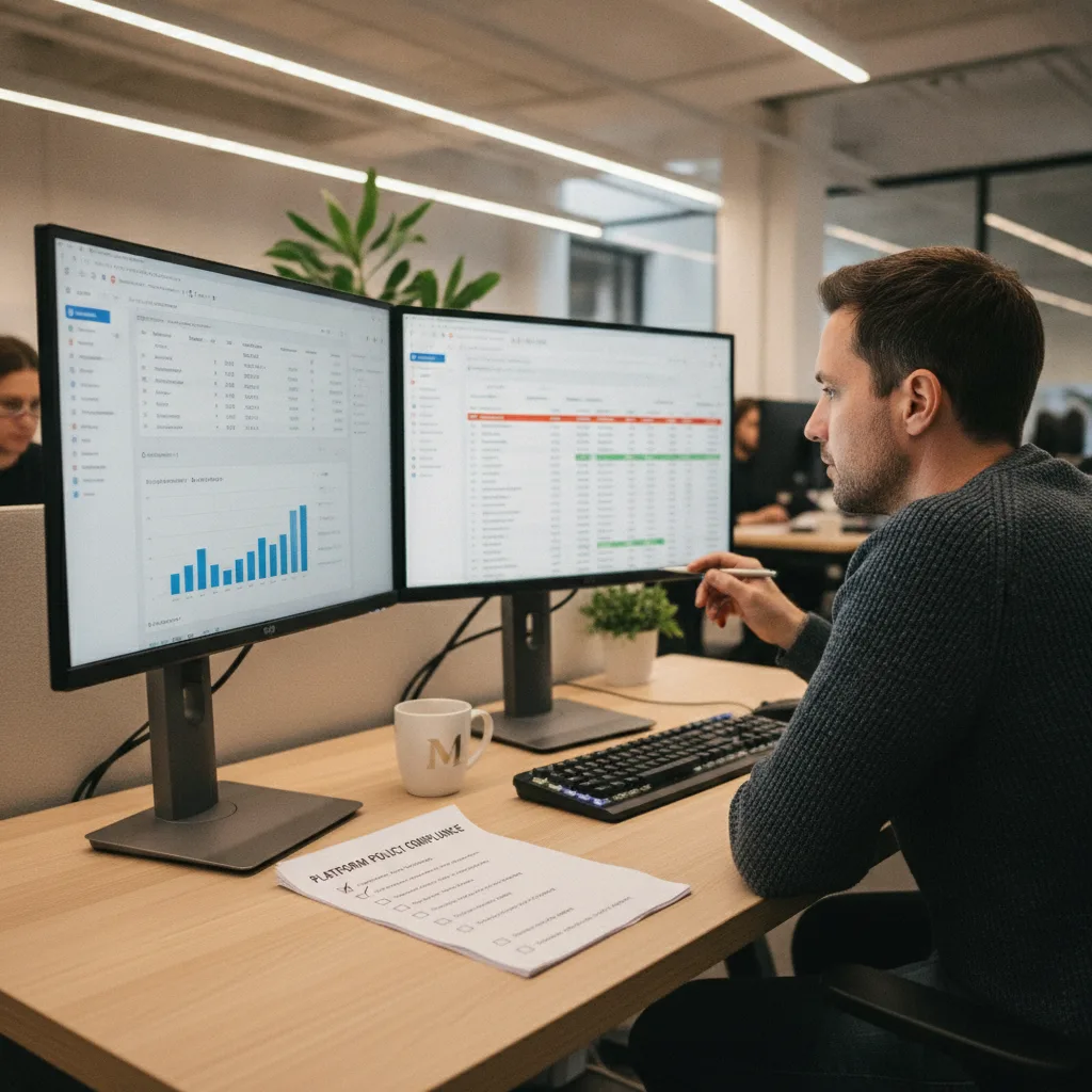A marketing professional reviews Meta and Google Ads dashboards with a policy checklist in a modern office.