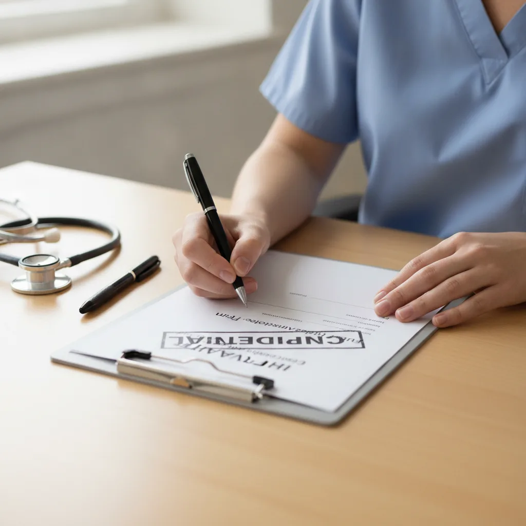 Healthcare administrator signing a HIPAA photo authorization form on a clipboard with a stethoscope nearby.