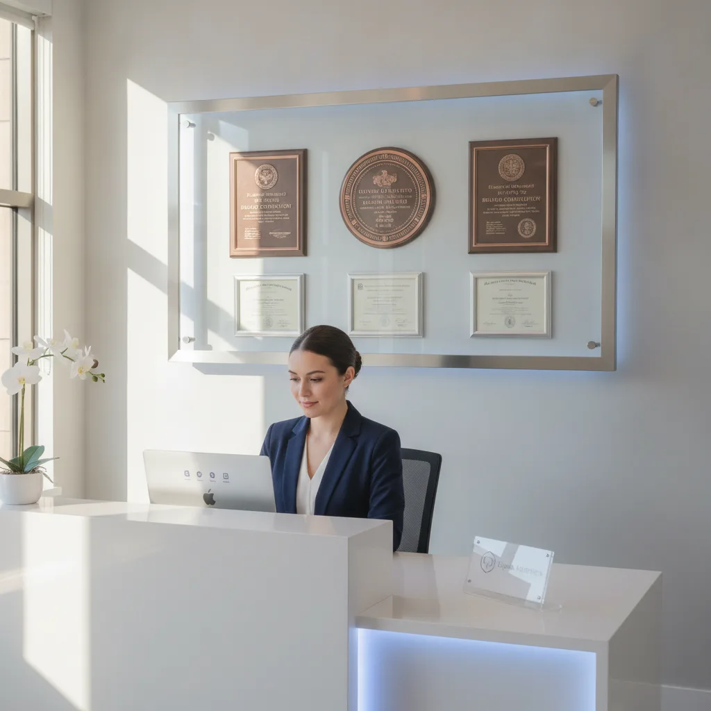 A professional medical office front desk with a staff member on a laptop and framed board certification plaques on the wall.