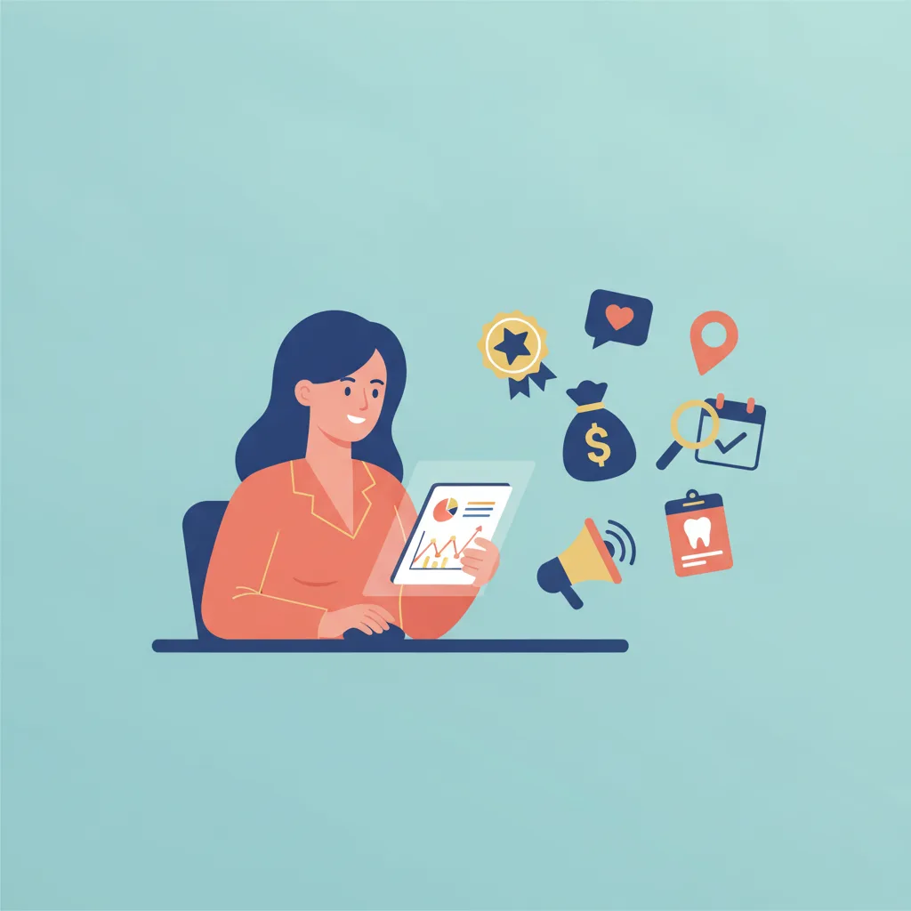 A dental practice owner at a desk reviewing marketing analytics on a tablet, with various marketing icons.