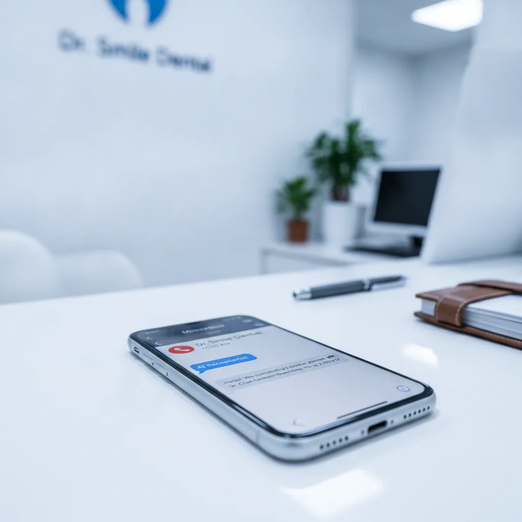 A smartphone on a dental office counter shows a missed call and an AI receptionist booking an appointment.
