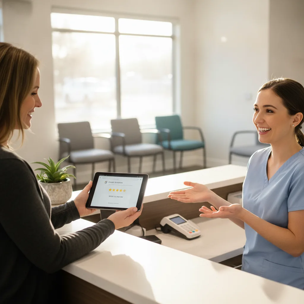 Dental patient hands a tablet with a Google review form to a smiling team member at a modern dental office.