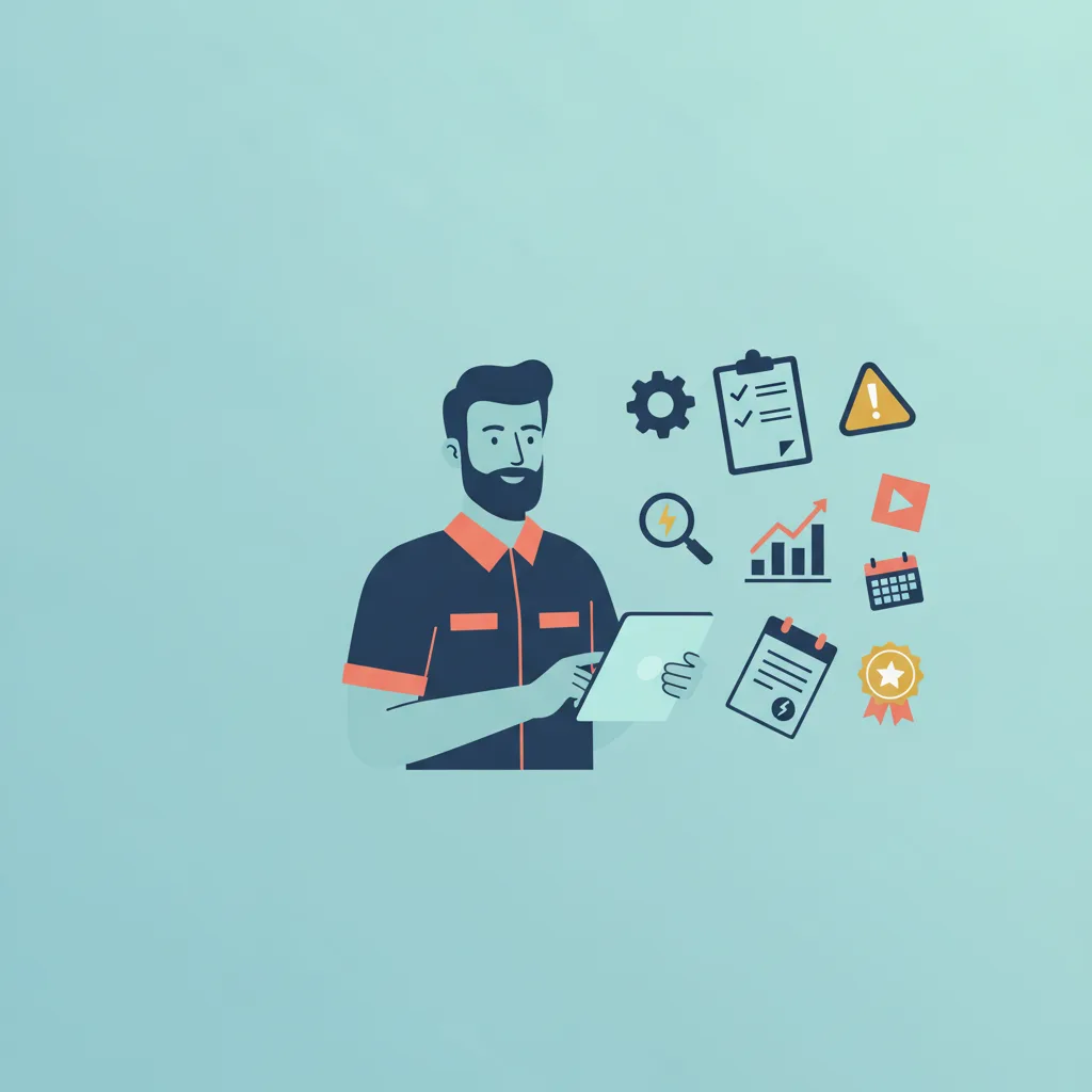 A confident male contractor holding a tablet, surrounded by floating icons like a gear, checklist, and star review badge.