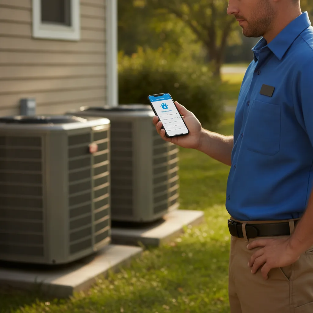 An HVAC technician using a mobile estimating app on a smartphone at a residential job site.