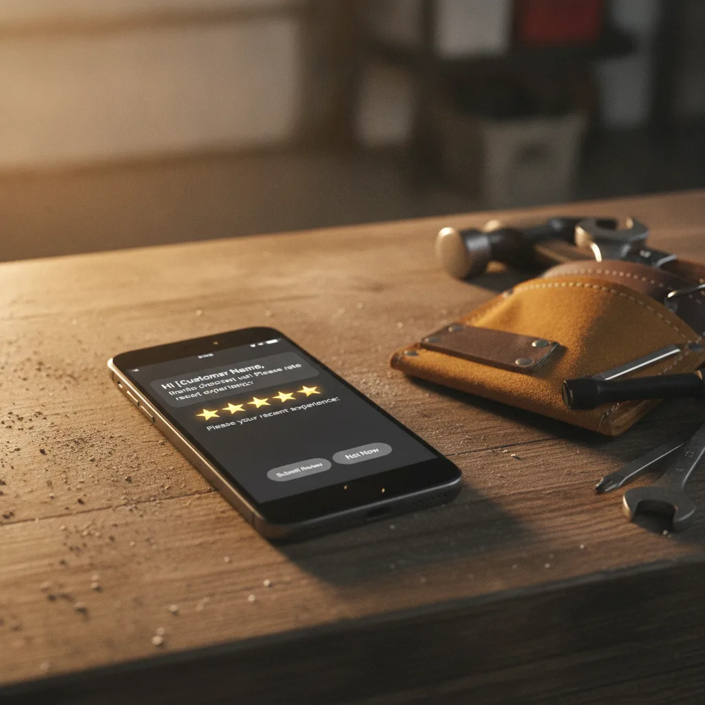 A close-up of a smartphone on a workbench, displaying an SMS review request with a five-star rating prompt.
