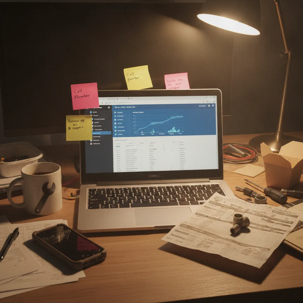 A cluttered desk in a home-services office with a laptop, sticky notes, phone, coffee mug, and job schedule.