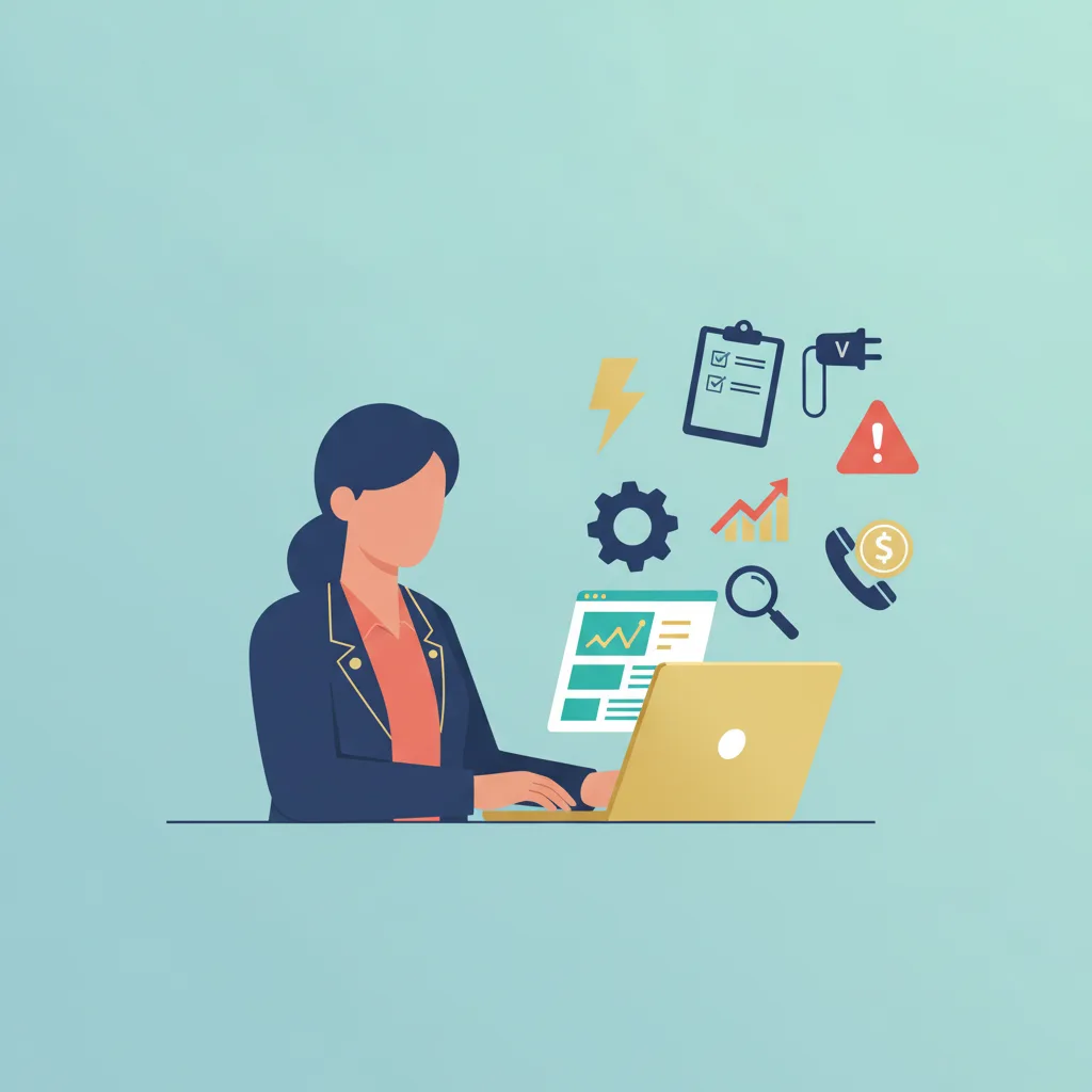 Flat vector illustration of an electrical contractor business owner at a desk with a laptop and various service icons.
