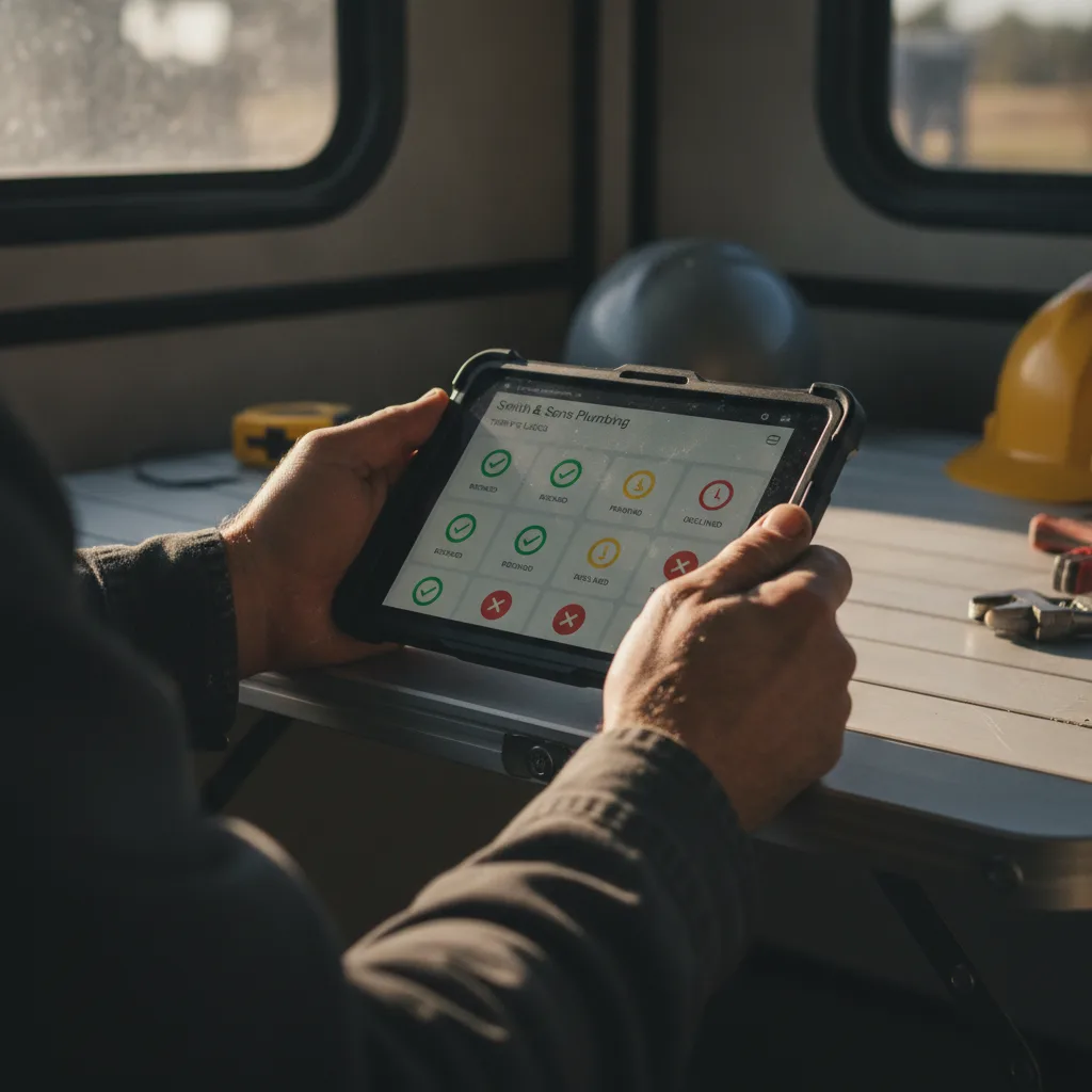 Contractor's hands on a tablet showing Google Local Services Ads, lead status indicators, at a job site trailer table.