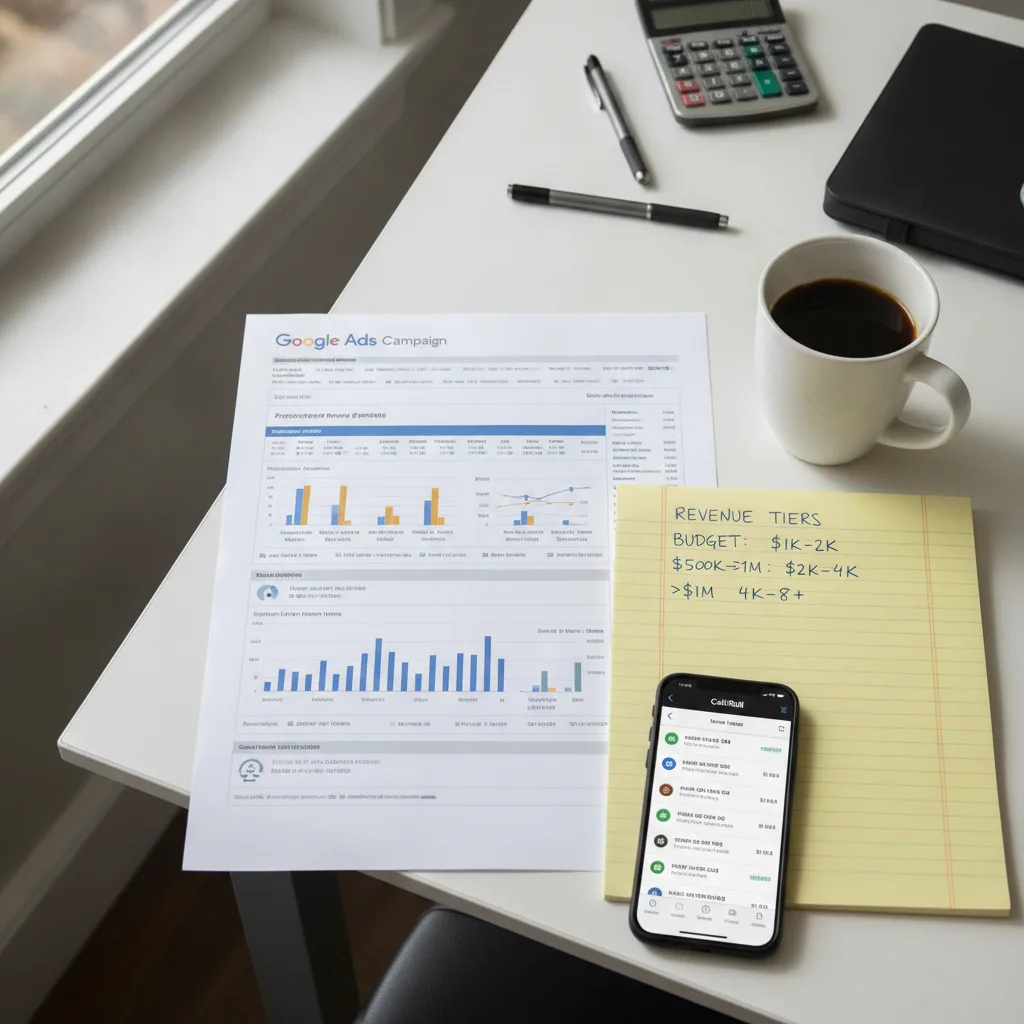 Overhead shot of a contractor's desk with a Google Ads report, legal pad, coffee, and a smartphone showing a CallRail log.