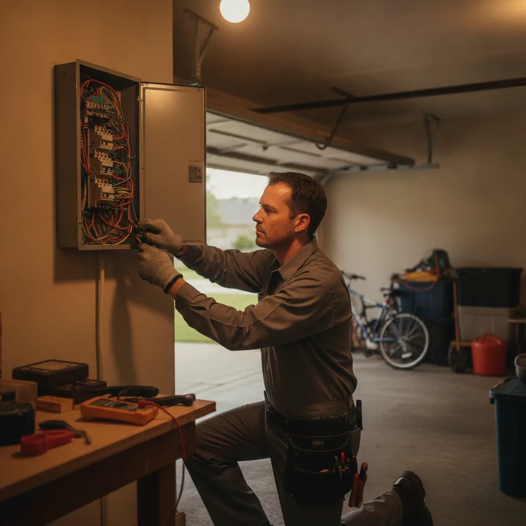 A licensed electrician in a gray uniform kneels, focused on wiring inside an open residential electrical panel in a garage.