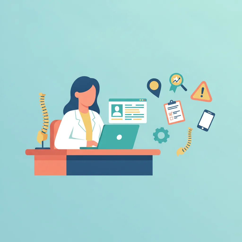 A chiropractor in a white coat at a desk reviewing a laptop, surrounded by floating icons: map pin, five-star badge, magnifying glass, checklist, alert triangle, gear, phone, and spine illustration.