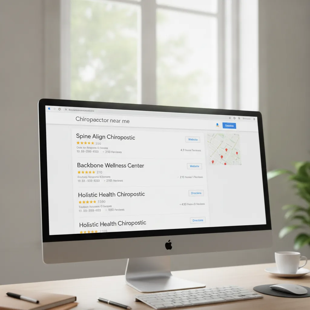 Desktop monitor displaying Google Maps local pack results for chiropractic clinics, with a blurred office background.