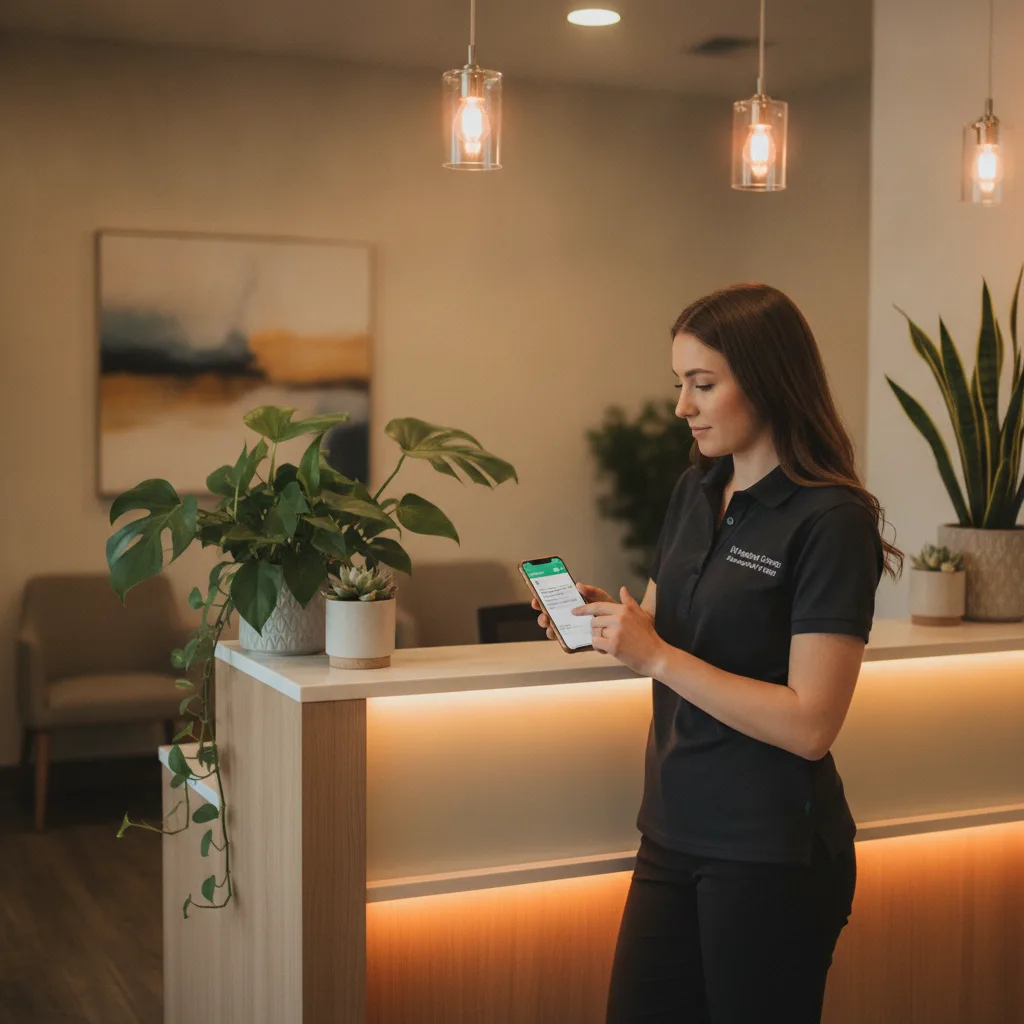 Chiropractic front-desk staff sends a text review request on a smartphone at a modern reception desk with warm lighting and plants.