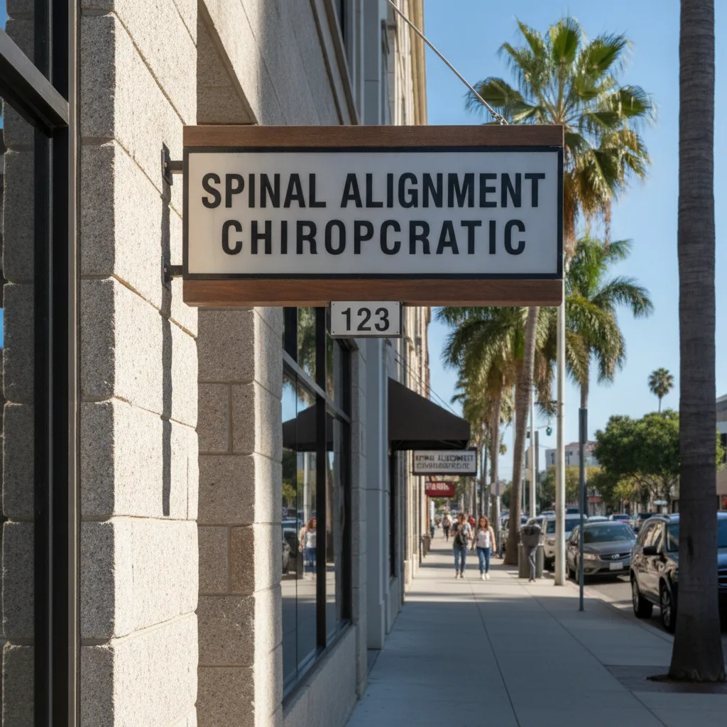 A chiropractic clinic sign "Spinal Alignment Chiropractic" with street number 123, seen from a sidewalk on a clear day.