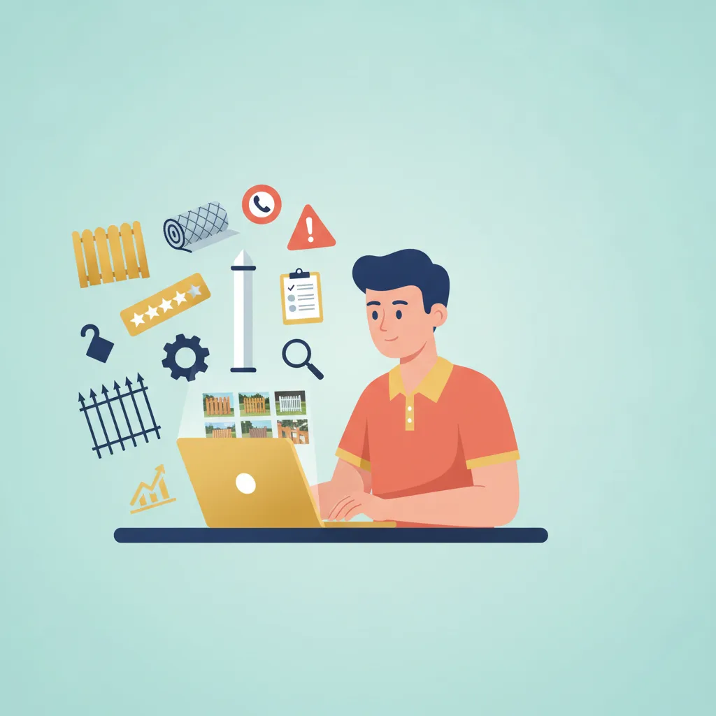A flat vector illustration of a fence contractor business owner reviewing a photo gallery on a laptop with related icons.