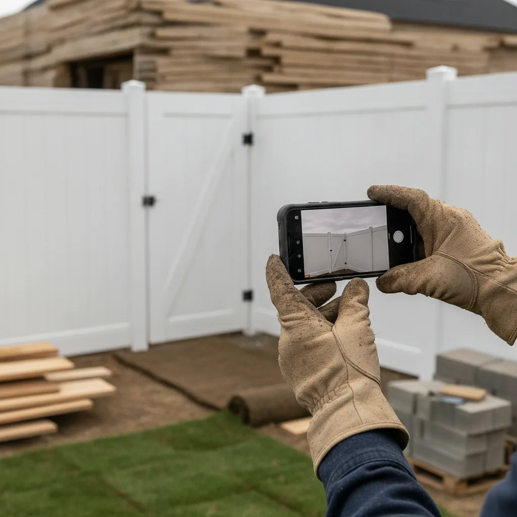 Contractor's gloved hands photograph a white vinyl privacy fence with a smartphone at a work site.