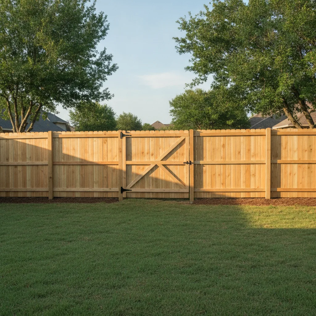 Newly installed 6-foot cedar board-on-board privacy fence with a double-swing gate in a suburban Texas backyard.