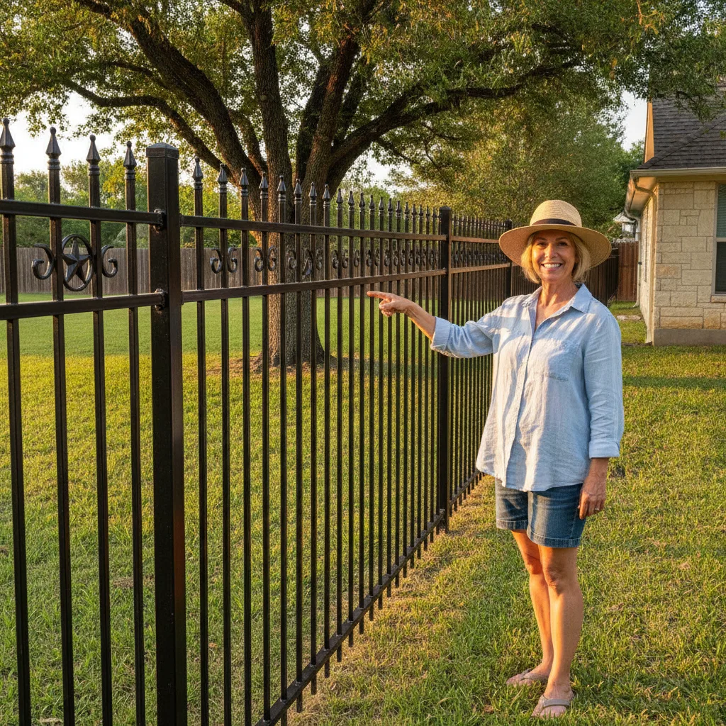A smiling homeowner in a straw hat points to a new wrought iron fence in a sunny Texas backyard during golden hour.