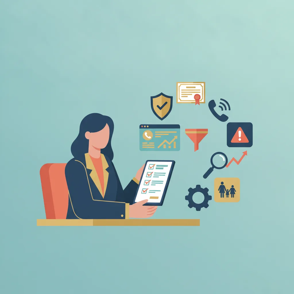 A marketing director reviews a compliance checklist and ad campaign dashboard, surrounded by relevant icons.
