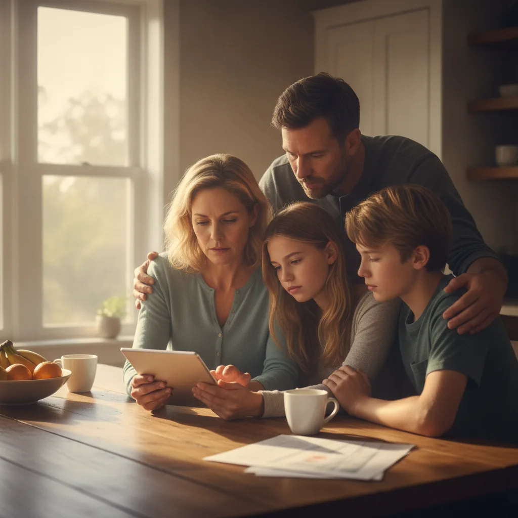 A family of four at a kitchen table, looking at a tablet with soft afternoon light streaming through a window.