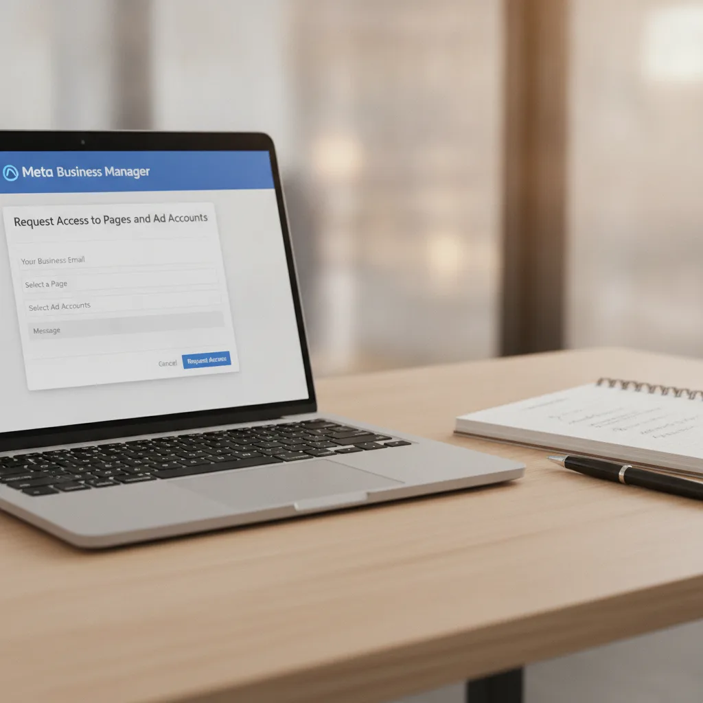 A laptop screen displays Meta Business Manager's permission request form on a well-lit office desk.