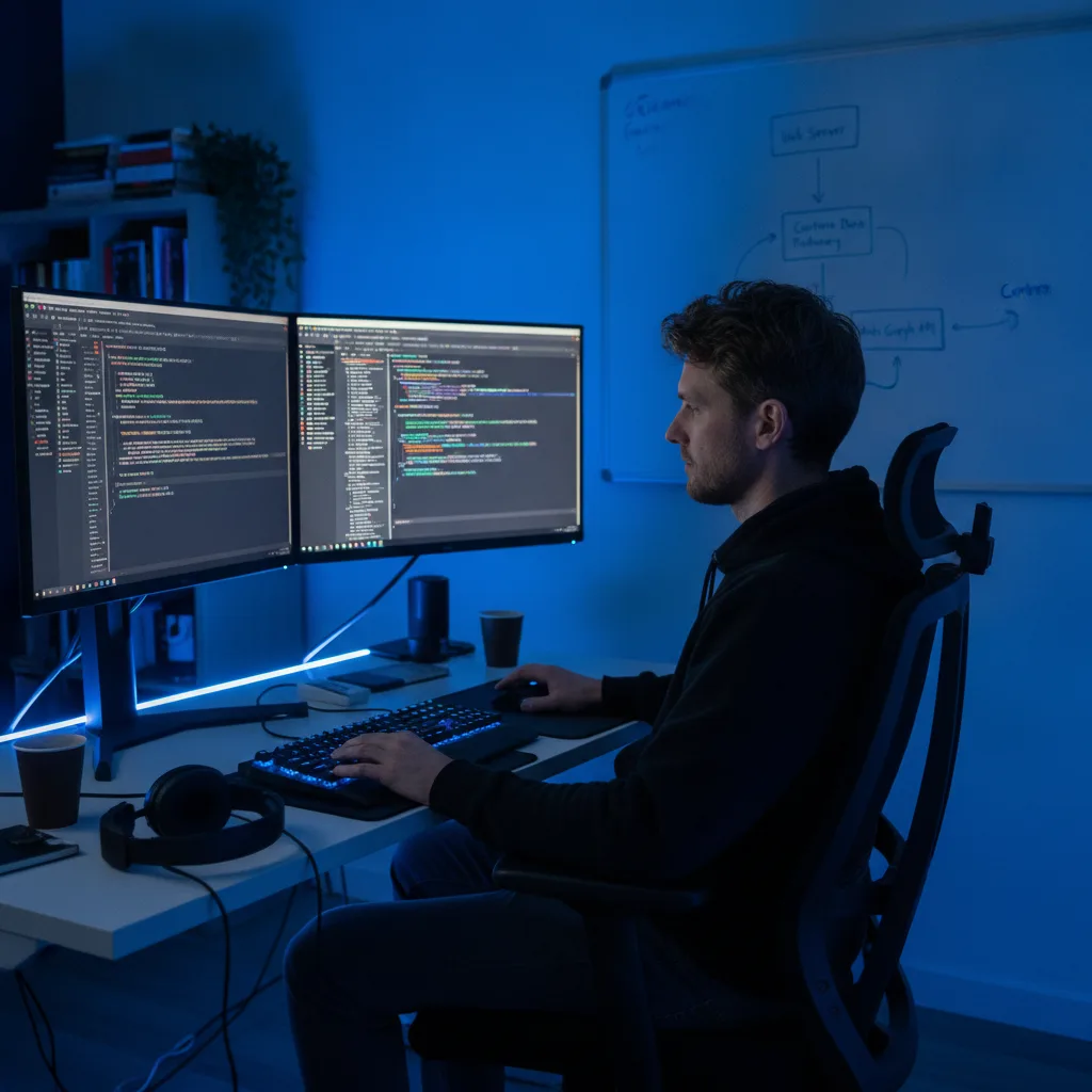 A web developer reviews server-side code on dual monitors, with a data flow diagram on a whiteboard in the background.