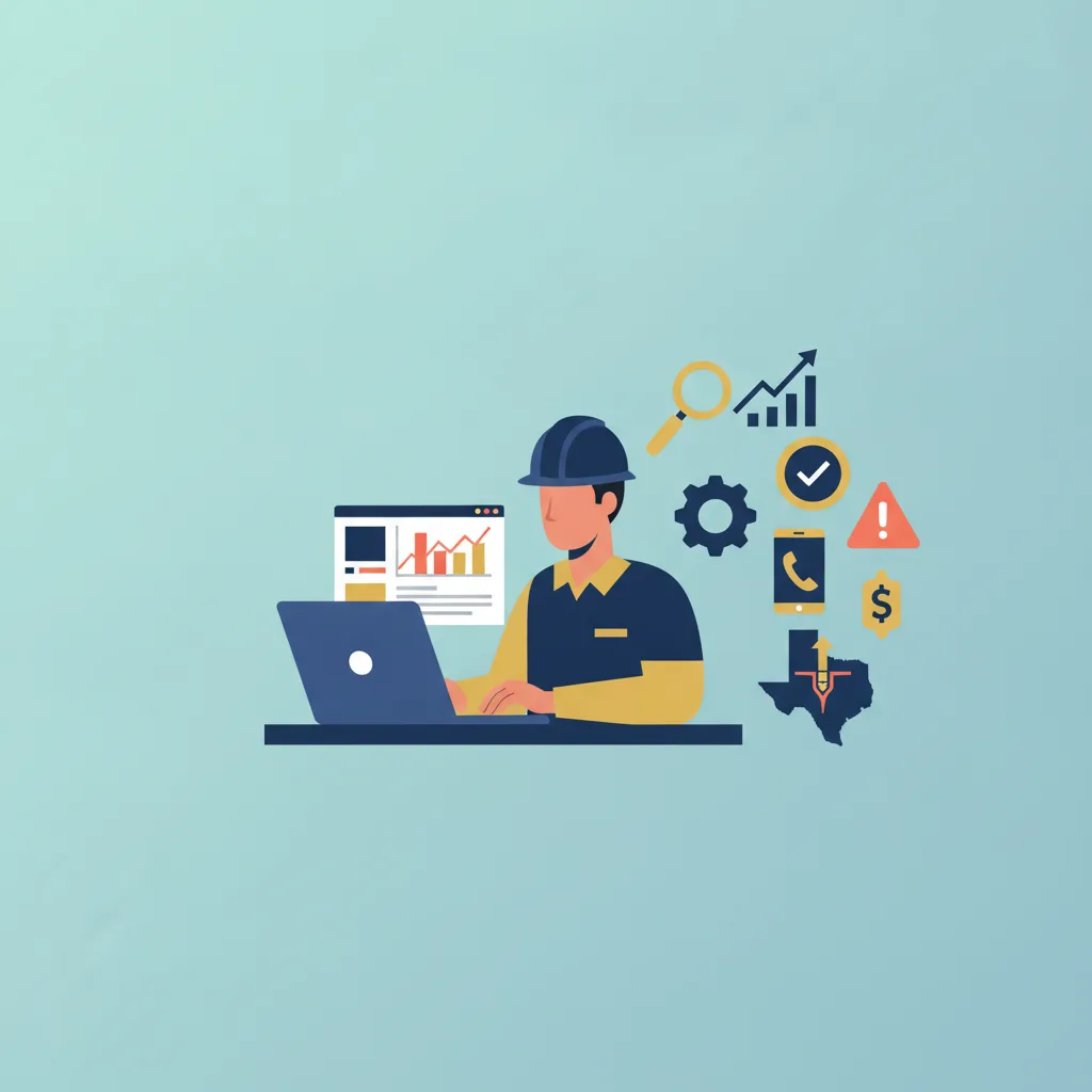 Flat vector illustration of a foundation repair contractor in a hard hat at a desk with a laptop and various icons.