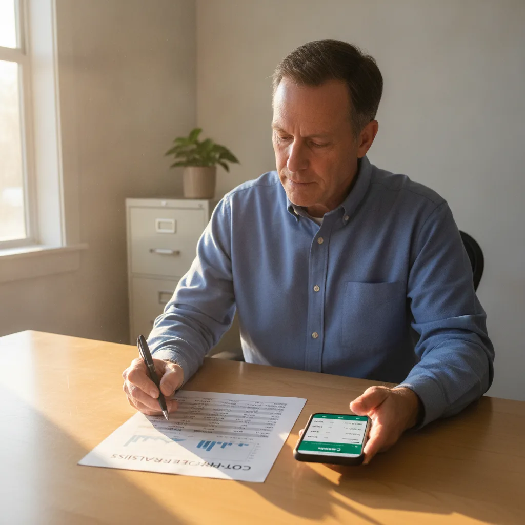 A business owner reviews a cost-per-lead report while checking a CallRail dashboard on his phone.