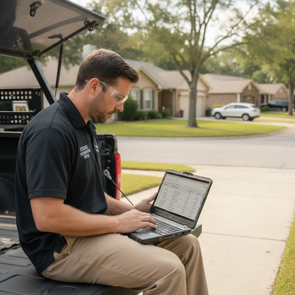 Foundation repair technician reviewing Google Ads report on a laptop at a truck tailgate in a suburban neighborhood.