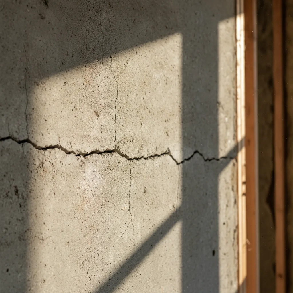 Close-up of a cracked concrete foundation wall in a Texas home, with sunlight casting sharp shadows across the horizontal crack.