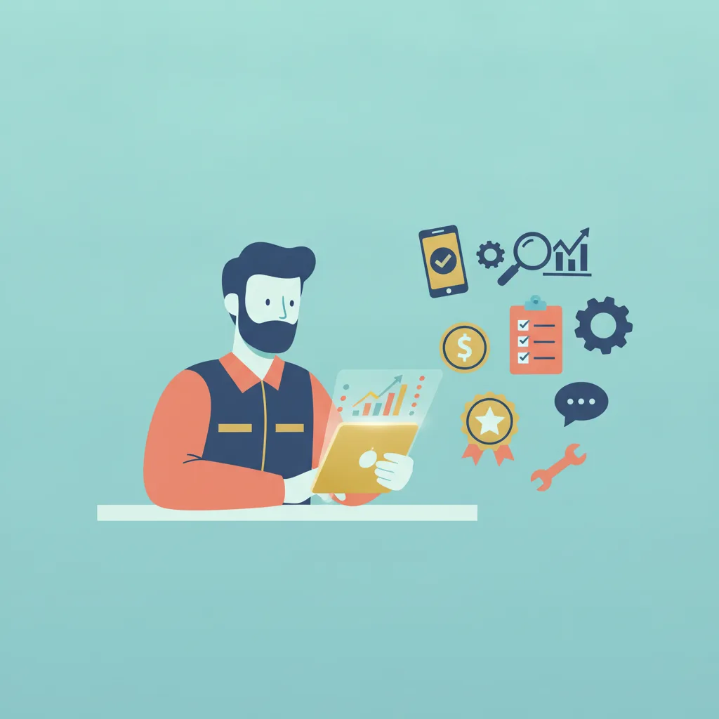 A flat vector illustration of a male contractor at a desk, reviewing a digital dashboard on a tablet, surrounded by icons.