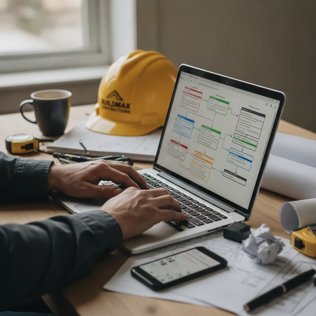 Contractor's hands type on a laptop, showing an automation workflow on screen with a hard hat in background.