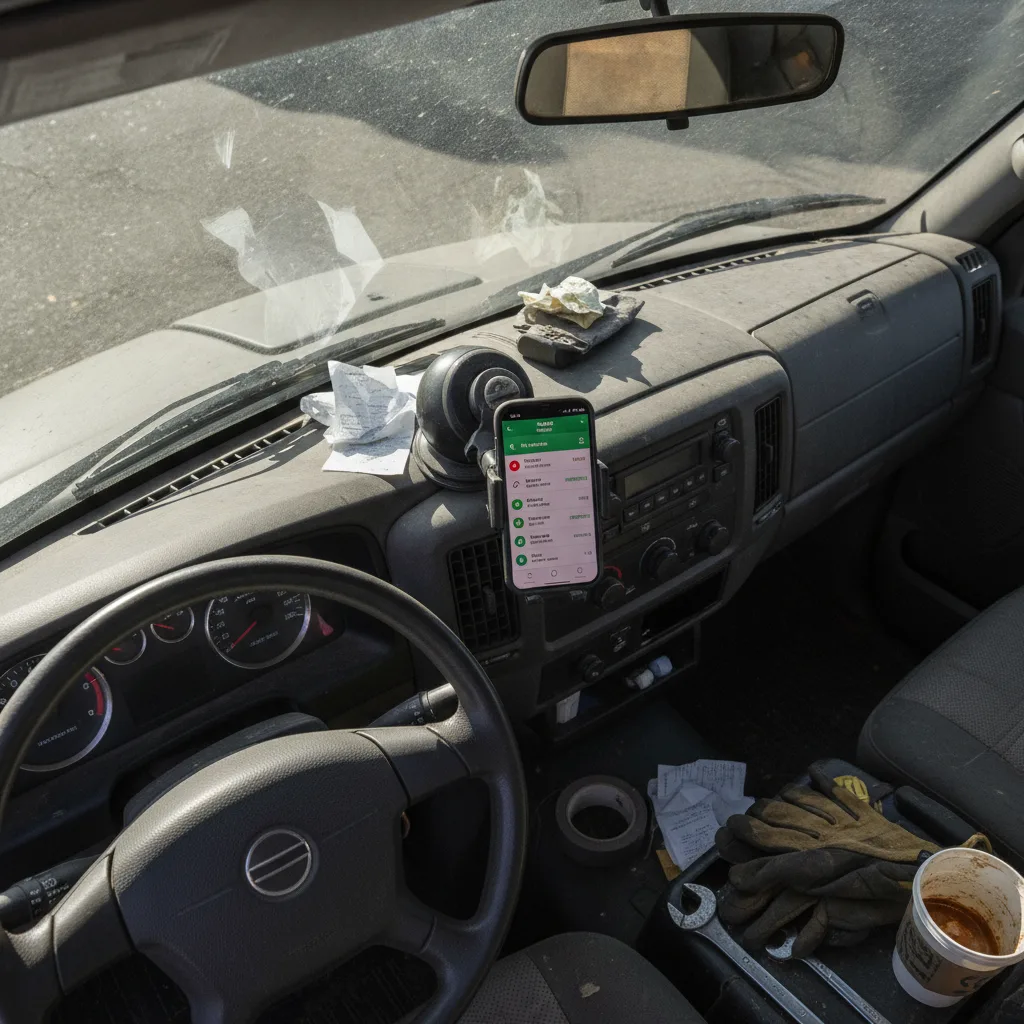 Overhead shot of a plumber's truck cab showing a smartphone on the dash with a call log.