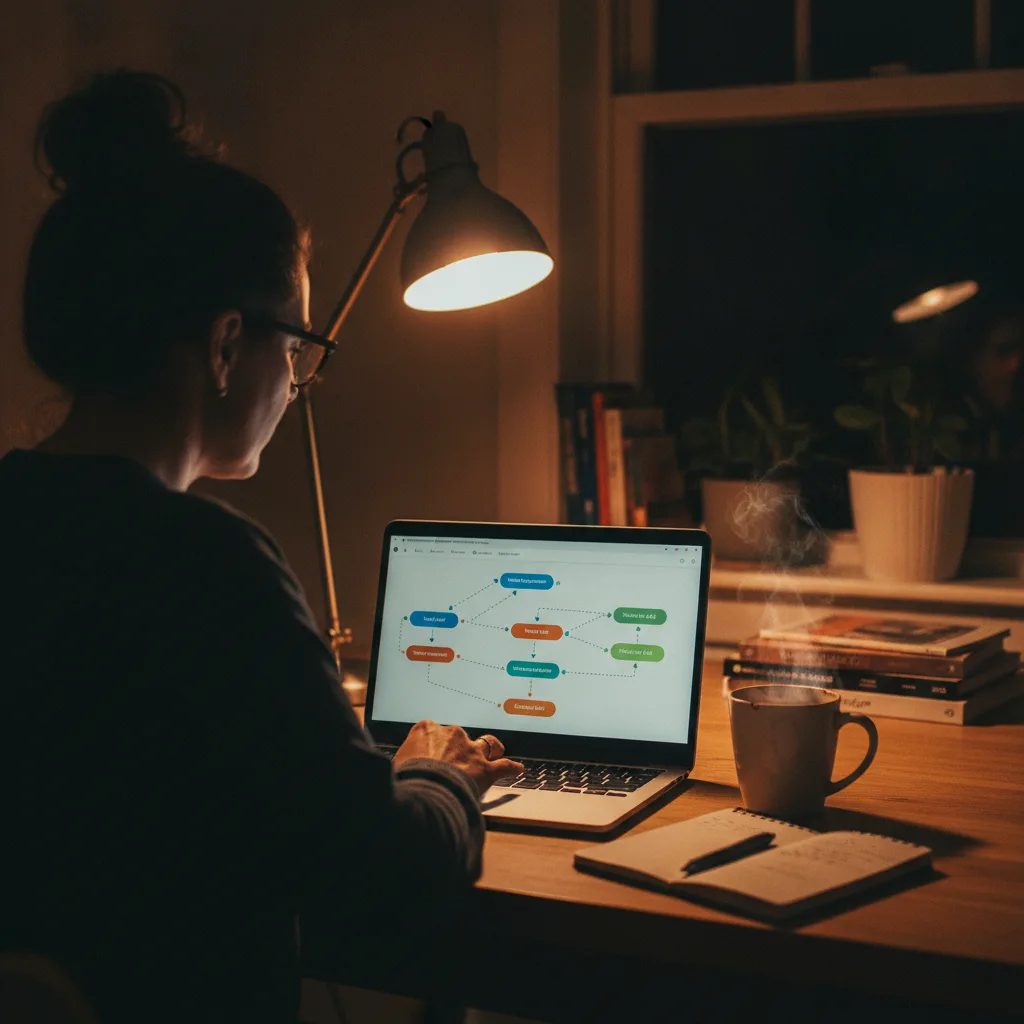 A small business owner working late at night on a laptop, displaying a CRM workflow, with a steaming coffee mug.