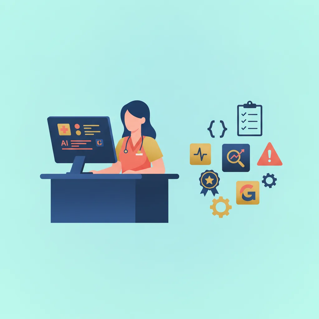 A flat vector illustration of a plastic surgeon at a desk, looking at a monitor with AI results and surrounding icons.