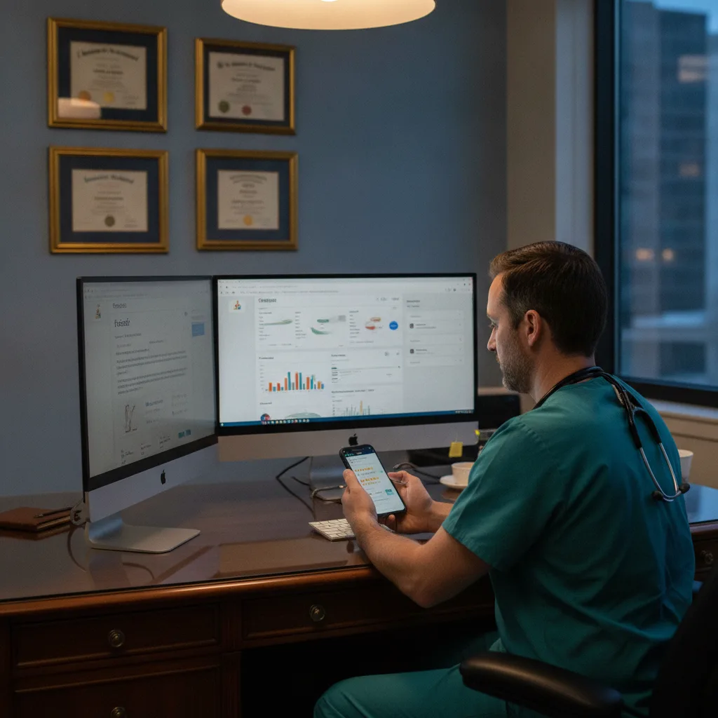 Plastic surgeon in scrubs reviews RealSelf and Google Business Profile analytics on desktop and smartphone in an office.