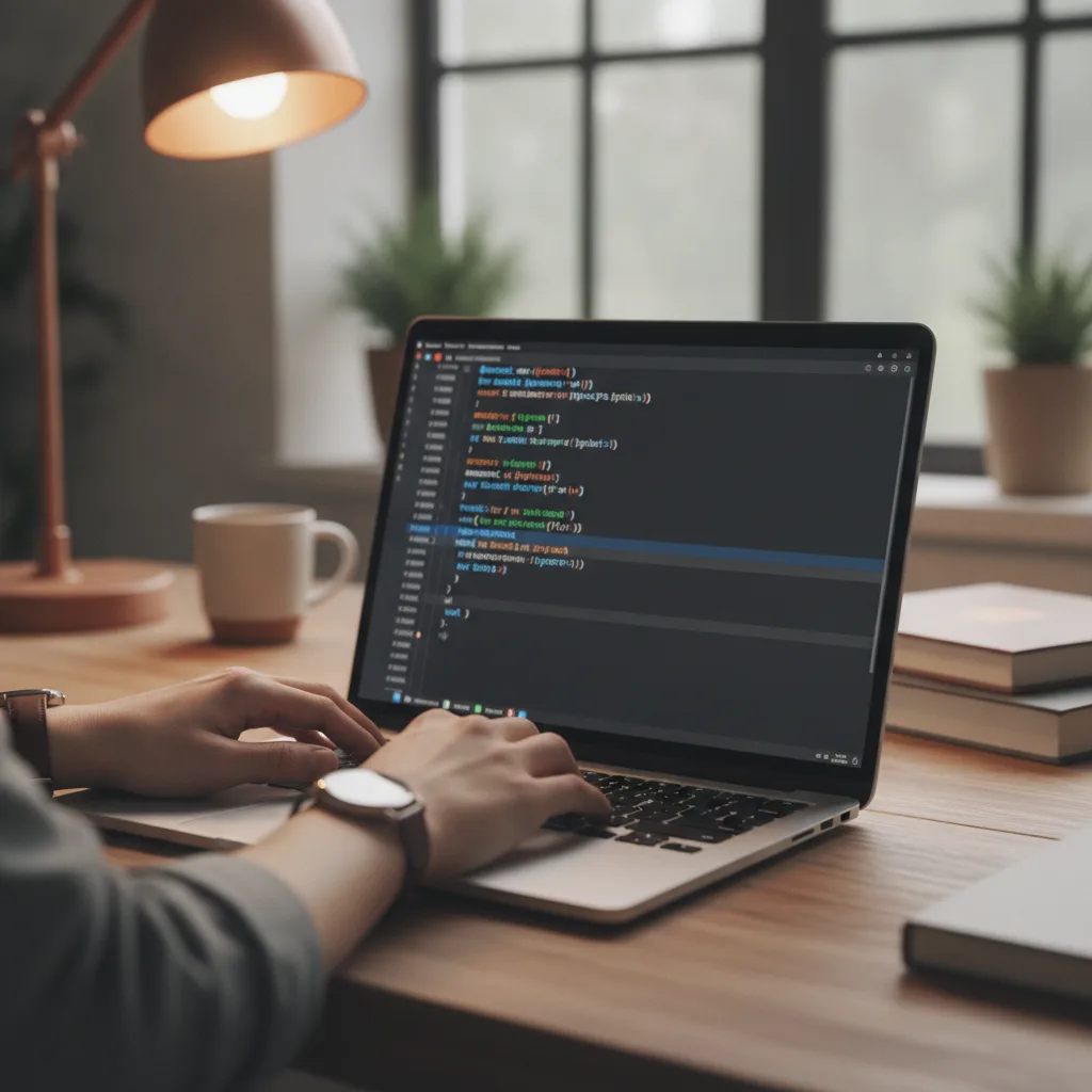Close-up of developer's hands typing JSON-LD schema code in a bright home office.